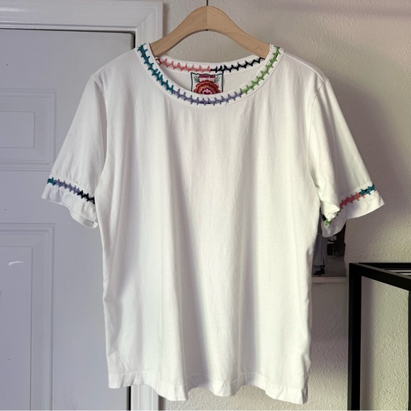 Johnny Was Tops - JOHNNY WAS white rainbow stitch detail cotton crew neck short sleeve tee t-shirt